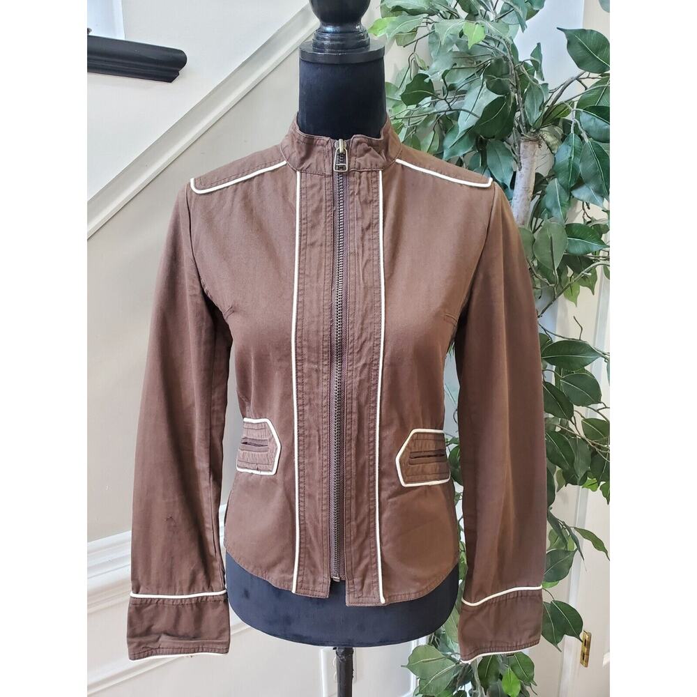 Women's Brown Canvas 100% Cotton White Edging Trims Full Zip Jacket Size Medium